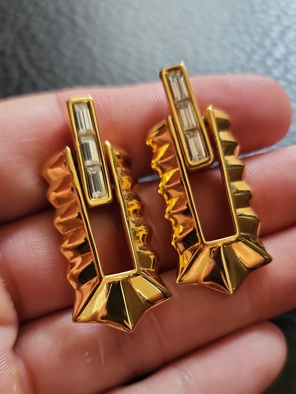 VTG Swarovski Gold Statement Geometric Clip Earrings